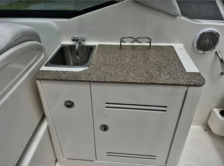  Yacht Photos Pics 2015 Sea Ray 300 SLX boat kitchenette with sink and storage cabinets.