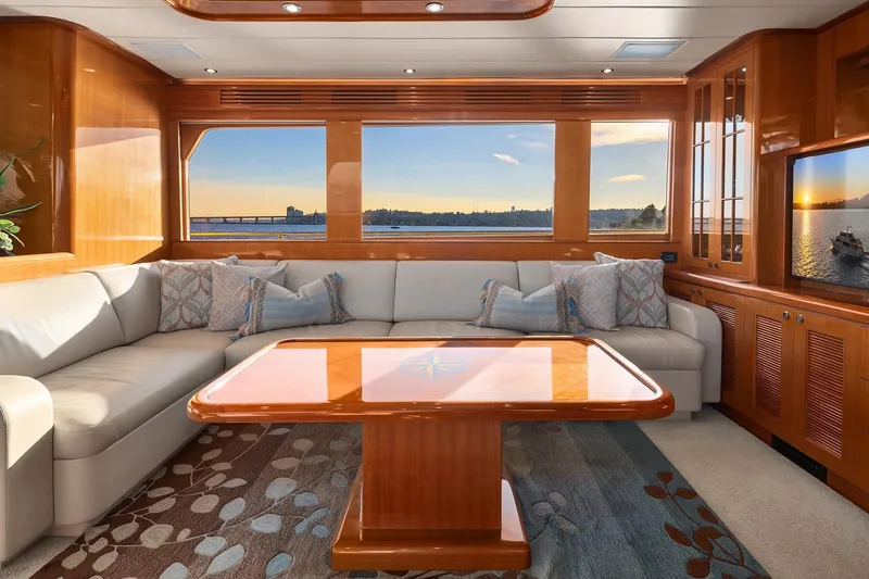 La Bella Vita II Yacht Photos Pics Luxurious interior of 2014 Hampton 720 Skylounge LRC yacht with scenic ocean view.