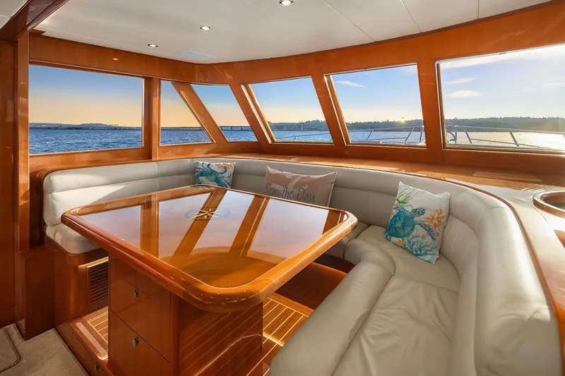 La Bella Vita II Yacht Photos Pics Luxurious interior of 2014 Hampton 720 Skylounge LRC yacht with panoramic ocean views.