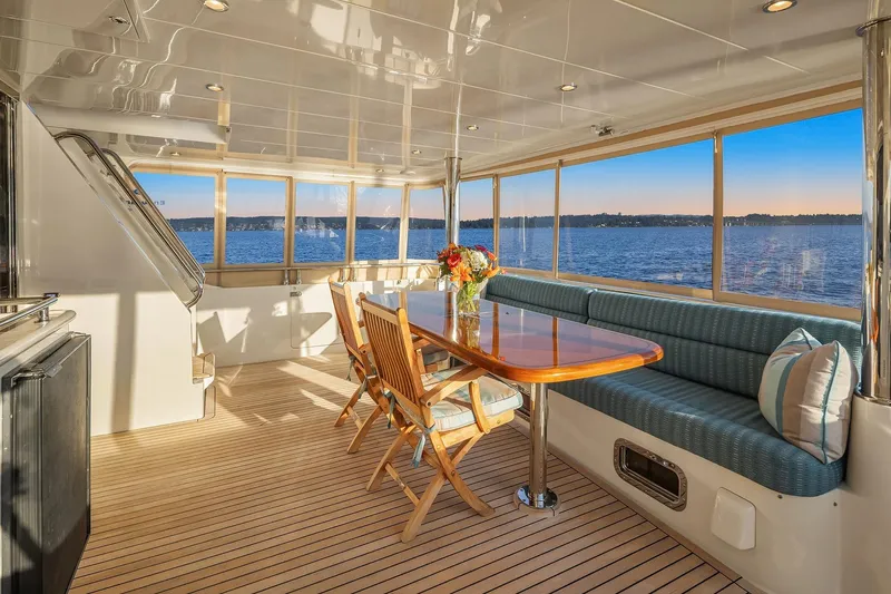 La Bella Vita II Yacht Photos Pics Luxurious interior of 2014 Hampton 720 Skylounge LRC yacht with ocean view.
