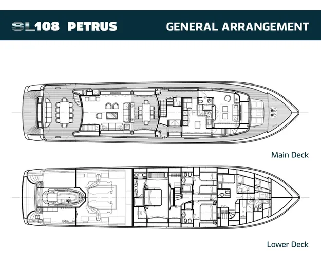 Petrus 2007 Sl108 @livorno Italy Yacht Photos Pics Sanlorenzo 108 yacht 2007 general arrangement, main and lower deck layout plans.