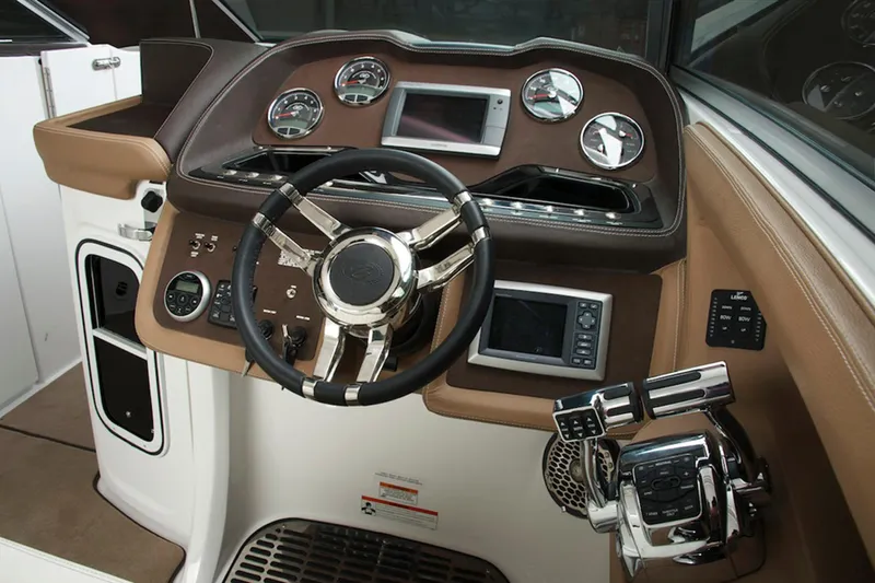 Yacht Photos Pics Manufacturer Provided Image: 2013 Cobalt 336 boat dashboard with steering wheel and control panel.
