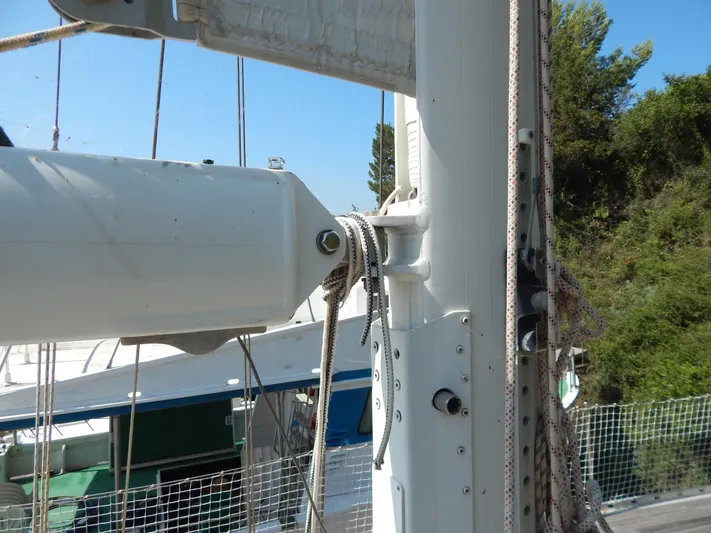  Yacht Photos Pics Close-up of 1992 Tayana 55 sailboat mast and rigging details.