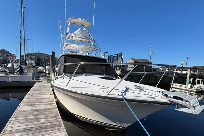 Reel Deal Yacht Photos Pics 2001 Carolina Classic 35 boat docked at marina under clear blue sky.