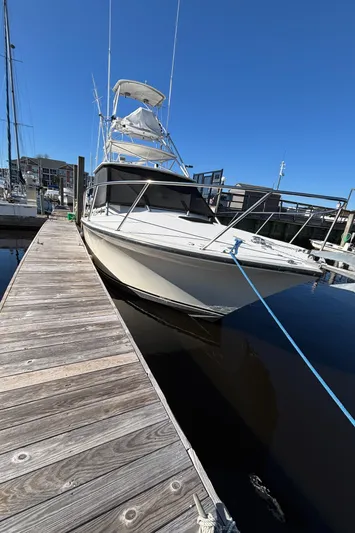 Reel Deal Yacht Photos Pics 2001 Carolina Classic 35 boat docked at marina under clear blue sky.