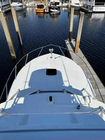 Reel Deal Yacht Photos Pics 2001 Carolina Classic 35 boat docked at marina, viewed from above.