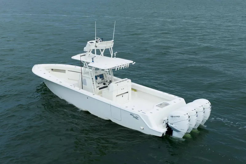  Yacht Photos Pics 2017 SeaVee 390z Center Console boat on open water, featuring four outboard engines.