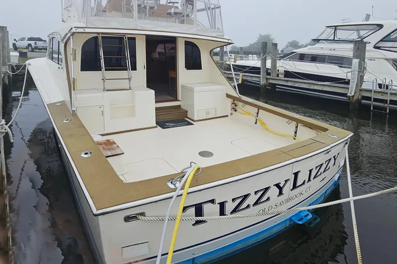 Tizzylizzy Yacht Photos Pics 1989 Post 43 Convertible yacht "Tizzy Lizzy" docked at marina, rear view.