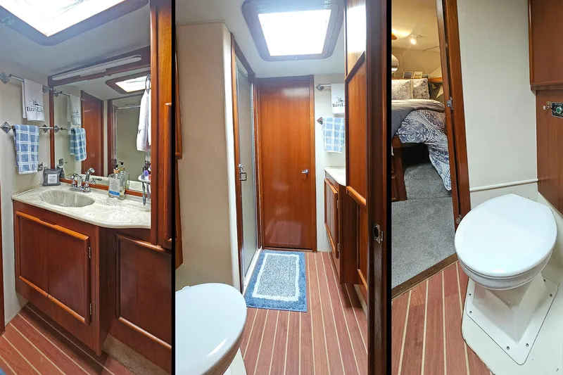 Tizzylizzy Yacht Photos Pics Interior of 1989 Post 43 Convertible yacht featuring bathroom and bedroom with wooden finishes.