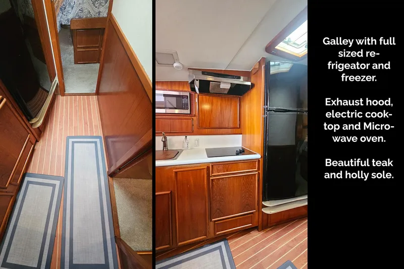 Tizzylizzy Yacht Photos Pics 1989 Post 43 Convertible yacht galley with teak flooring, full fridge, electric cooktop, and microwave.