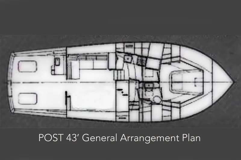 Tizzylizzy Yacht Photos Pics Plan of 1989 Post 43 Convertible yacht, showing interior layout and design.