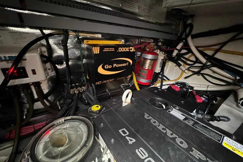 Knot Seine Yacht Photos Pics Engine room of 2013 Regal 42 Sport Coupe with Volvo Penta D4 and Go Power inverter.