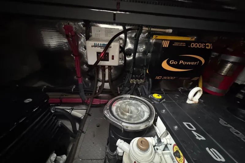 Knot Seine Yacht Photos Pics Engine room of 2013 Regal 42 Sport Coupe with Go Power IC-3000 inverter.