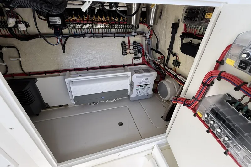 Seavee 37 Yacht Photos Pics Electrical system of a 2021 SeaVee 37 boat, showcasing wiring and components.