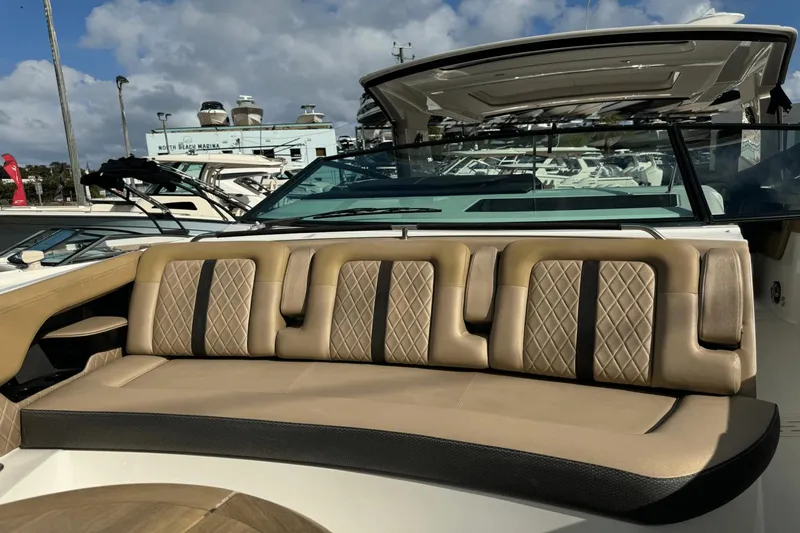  Yacht Photos Pics Luxurious seating on 2019 Sea Ray 400 SLX OB boat at marina.