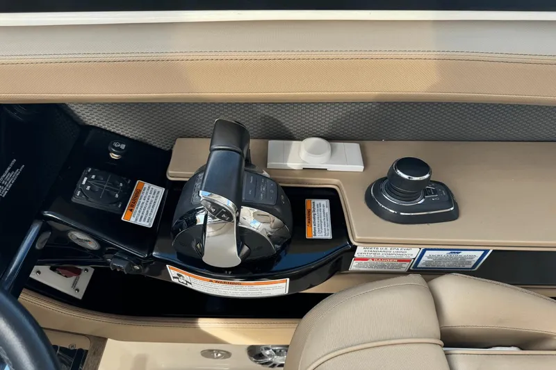  Yacht Photos Pics Control panel of 2019 Sea Ray 400 SLX OB boat with throttle and joystick.