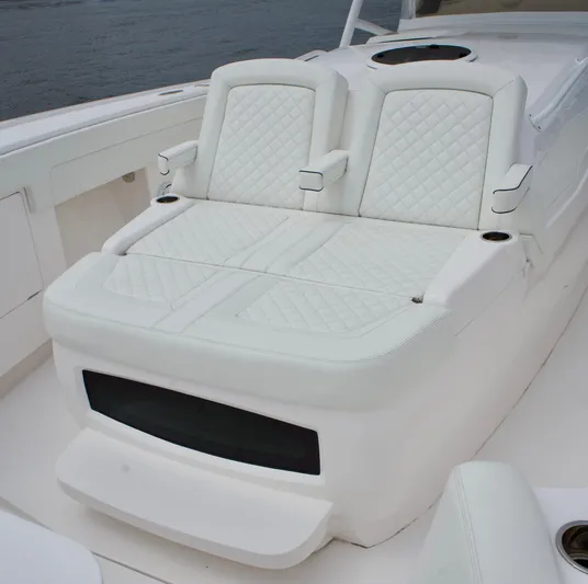  Yacht Photos Pics 2023 Intrepid 475 Panacea boat with white quilted seating.