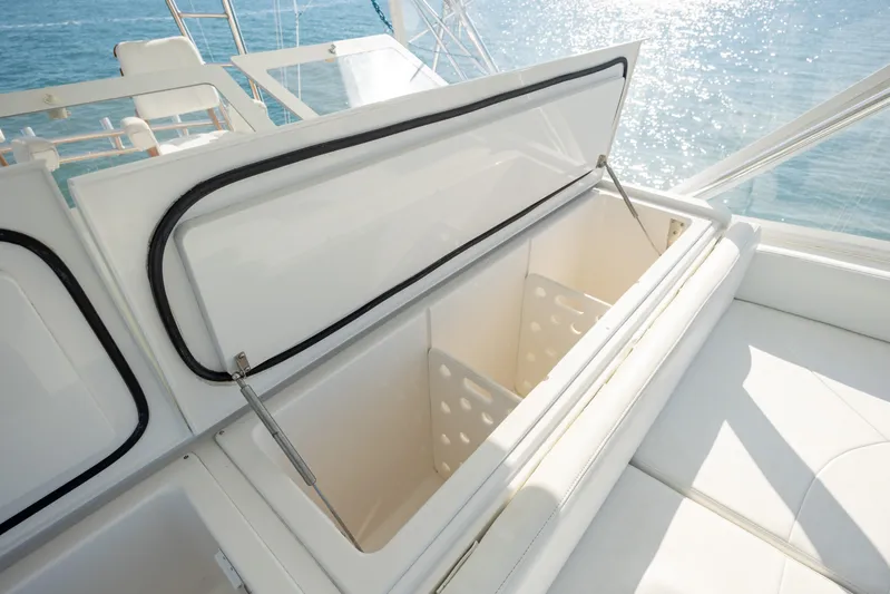 Sylva Lining Yacht Photos Pics Open storage compartment on 2001 Viking 61 Convertible yacht, with ocean view.