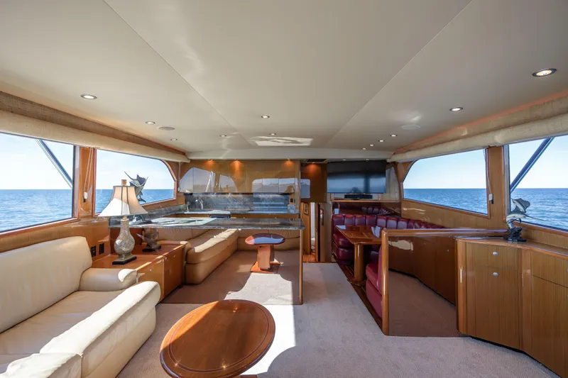 Sylva Lining Yacht Photos Pics Luxurious interior of 2001 Viking 61 Convertible yacht with ocean view.