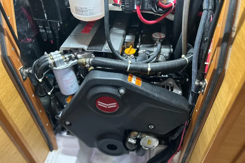 Xiomara Yacht Photos Pics Engine compartment of a 2019 X-Yachts X4&sup3; sailboat, showcasing detailed components.