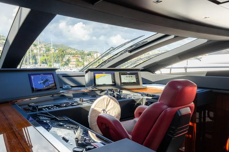  Yacht Photos Pics Luxurious 2022 Riva 90' Argo yacht cockpit with advanced navigation systems and plush seating.