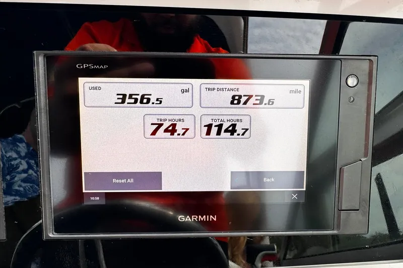  Yacht Photos Pics Garmin GPS display on 2021 Regal 26 XO showing trip data and fuel usage.