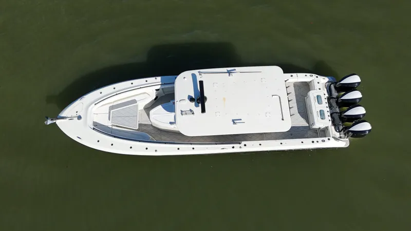  Yacht Photos Pics Aerial view of a 2018 HCB 42 Siesta boat on the water.