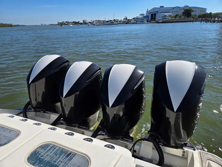  Yacht Photos Pics Four outboard engines on a 2018 HCB 42 Siesta boat.