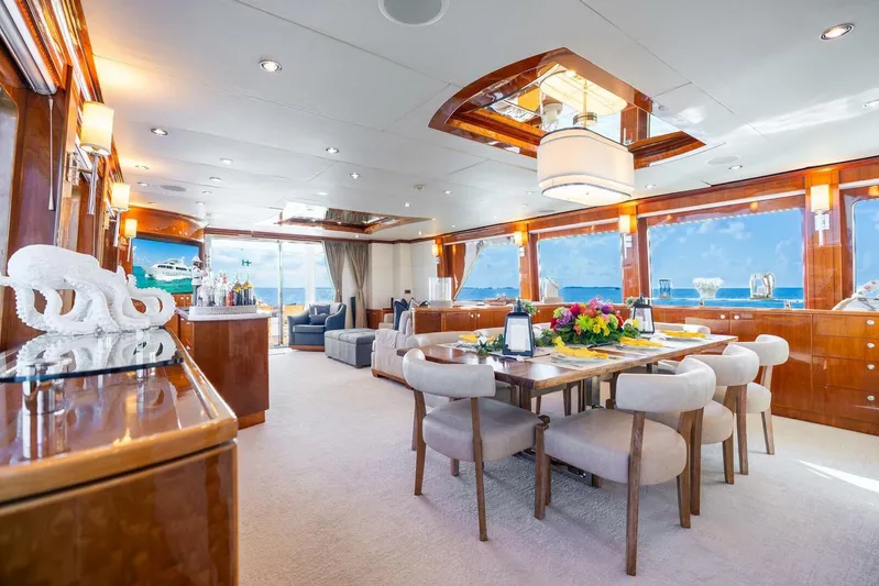 Done Deal Yacht Photos Pics Luxurious 2010 Hargrave Raised Pilothouse yacht interior with elegant dining area and ocean views.