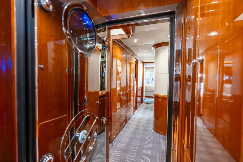 Done Deal Yacht Photos Pics Luxurious interior of 2010 Hargrave Raised Pilothouse yacht with polished wood finishes.