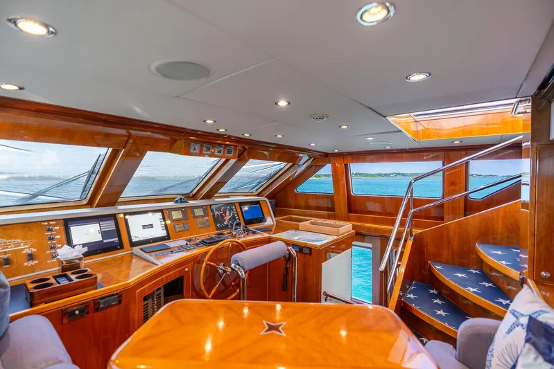 Done Deal Yacht Photos Pics Luxurious 2010 Hargrave Raised Pilothouse yacht interior with wood finishes and ocean view.