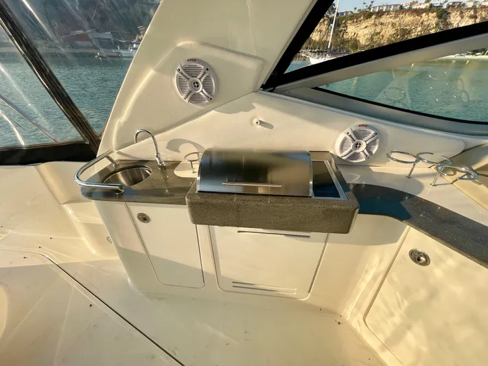 Ilaria Yacht Photos Pics 2014 Sea Ray 330 Sundancer boat interior with kitchenette and speakers.