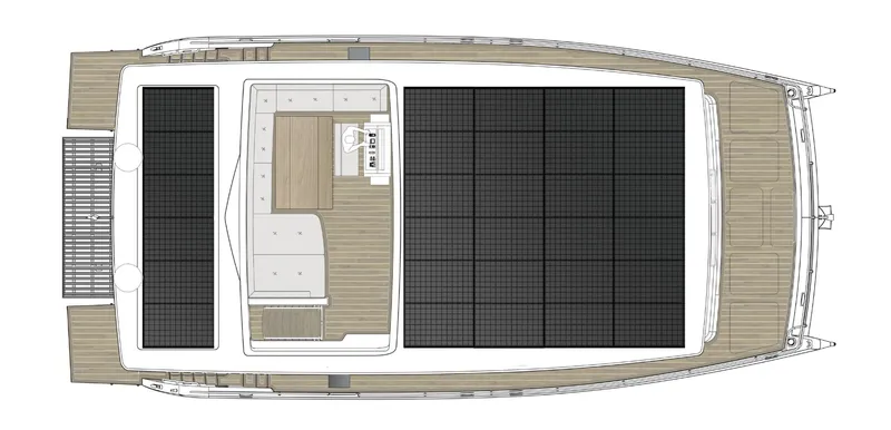  Yacht Photos Pics Top view of 2025 Silent 60 yacht with solar panels and deck layout.