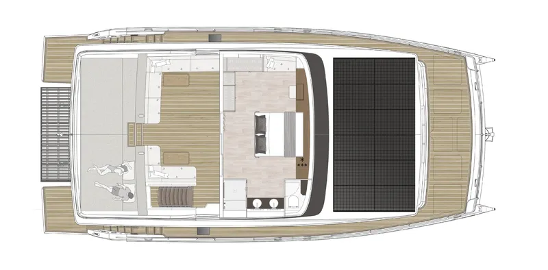  Yacht Photos Pics Top view of 2025 Silent 60 yacht floor plan with solar panels and spacious interior.
