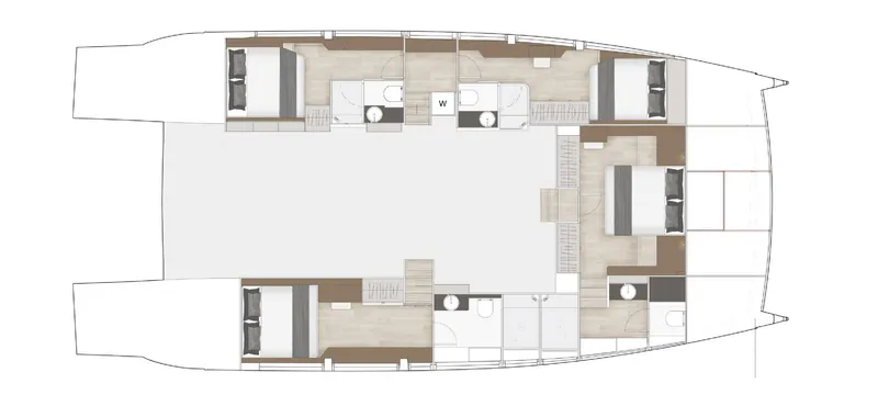  Yacht Photos Pics Floor plan of Silent 60 yacht, 2025 model, featuring multiple bedrooms and bathrooms.
