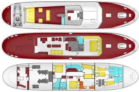 Black Pepper Yacht Photos Pics Floor plan of a 1975 Lavagna round stern motoryacht, showcasing three detailed decks.