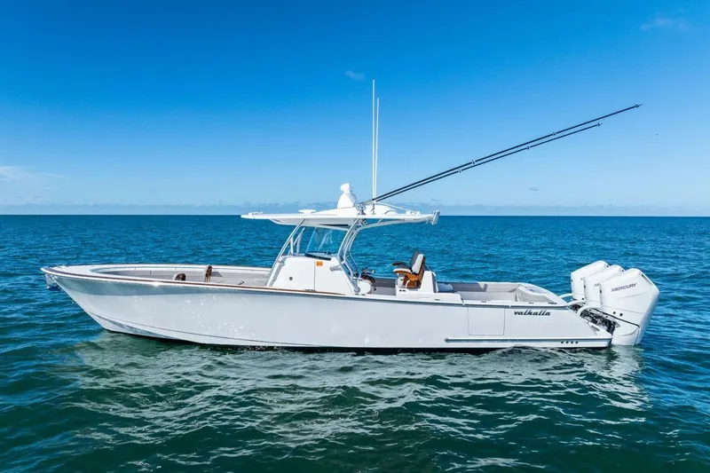 Galati Yacht Sales Trade Yacht Photos Pics 2025 Valhalla Boatworks V-37 on open water, featuring sleek design and twin Mercury engines.