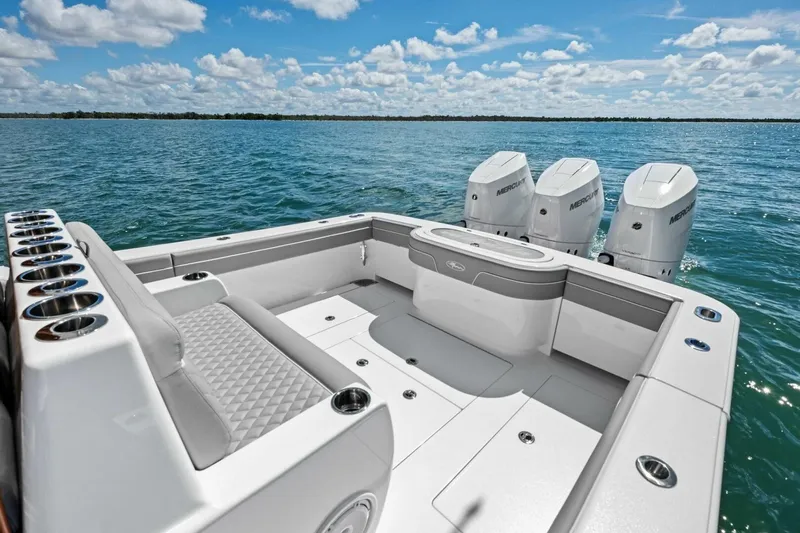 Galati Yacht Sales Trade Yacht Photos Pics 2025 Valhalla Boatworks V-37 with triple Mercury engines on open water.