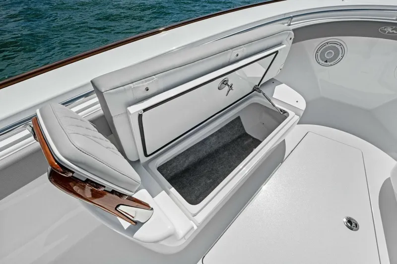 Galati Yacht Sales Trade Yacht Photos Pics 2025 Valhalla Boatworks V-37 interior storage compartment with cushioned seating and sleek design.