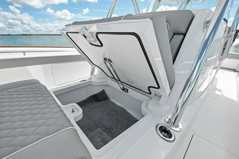 Galati Yacht Sales Trade Yacht Photos Pics 2025 Valhalla Boatworks V-37 storage compartment open on deck, showcasing sleek design.