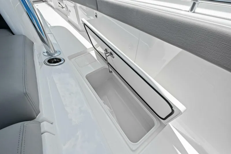 Galati Yacht Sales Trade Yacht Photos Pics 2025 Valhalla Boatworks V-37 interior storage compartment with sleek design and modern features.