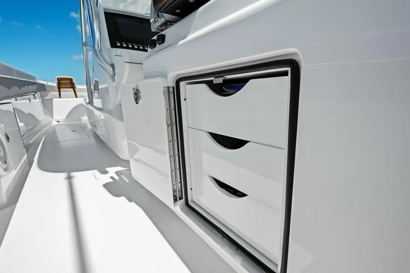 Galati Yacht Sales Trade Yacht Photos Pics 2025 Valhalla Boatworks V-37 interior with storage drawers and sleek design.