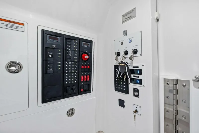 Galati Yacht Sales Trade Yacht Photos Pics Control panel of 2025 Valhalla Boatworks V-37, featuring switches and keys.