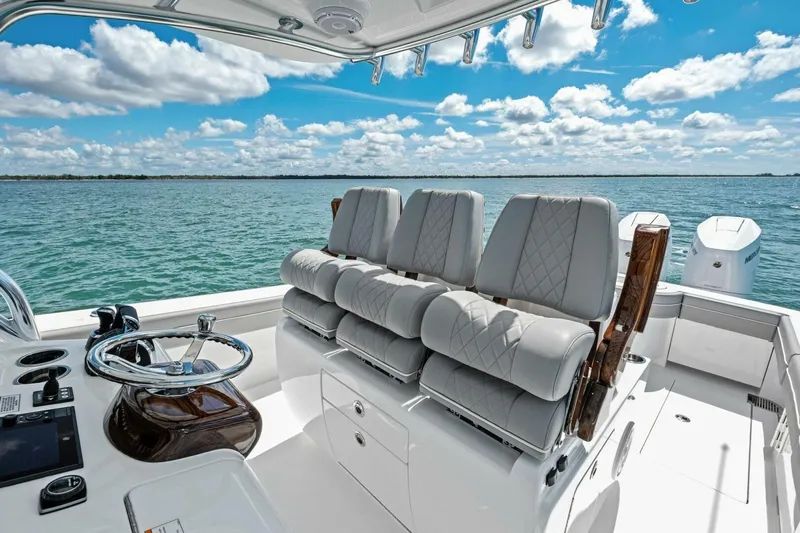 Galati Yacht Sales Trade Yacht Photos Pics 2025 Valhalla Boatworks V-37 helm with luxurious seating and ocean view.