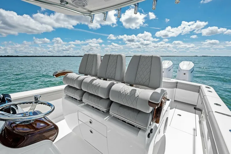 Galati Yacht Sales Trade Yacht Photos Pics 2025 Valhalla Boatworks V-37 interior with luxurious seating and ocean view.