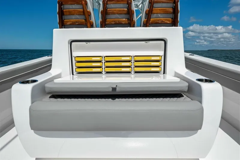 Galati Yacht Sales Trade Yacht Photos Pics 2025 Valhalla Boatworks V-37 interior with seating and storage compartments, ocean view.