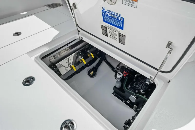 Galati Yacht Sales Trade Yacht Photos Pics 2025 Valhalla Boatworks V-37 engine compartment with open hatch, showcasing internal components.