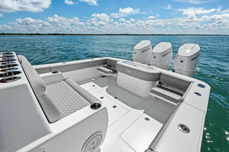 Galati Yacht Sales Trade Yacht Photos Pics 2025 Valhalla Boatworks V-37 with triple Mercury engines on open water.