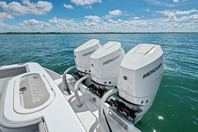 Galati Yacht Sales Trade Yacht Photos Pics 2025 Valhalla V-37 boat with triple Mercury outboard engines on open water.