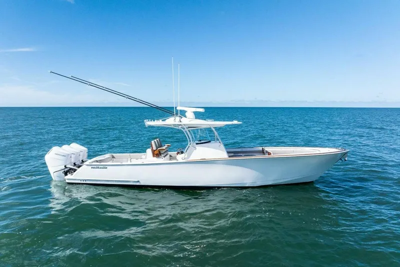 Galati Yacht Sales Trade Yacht Photos Pics 2025 Valhalla Boatworks V-37 cruising on open sea under clear blue sky.